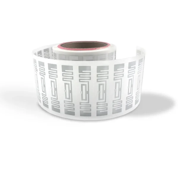 Complete roll of UHF RFID wet inlays featuring the Impinj Monza R6-P chip and PET substrate