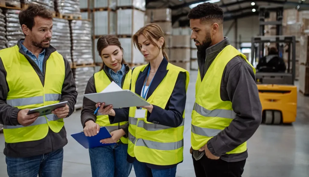 Four warehouse team members in high-visibility vests reviewing inventory documents together in a busy warehouse setting, highlighting collaborative planning for inventory management.
