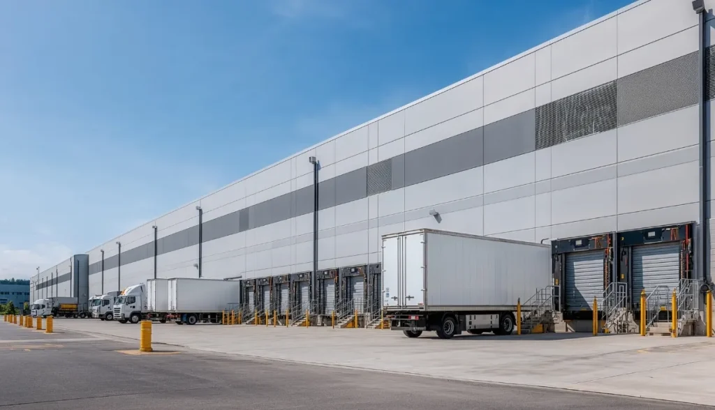 Exterior view of a large modern distribution warehouse with multiple loading docks, where semi-trucks are parked to load and unload shipments, representing the logistics scale RFID solutions support.