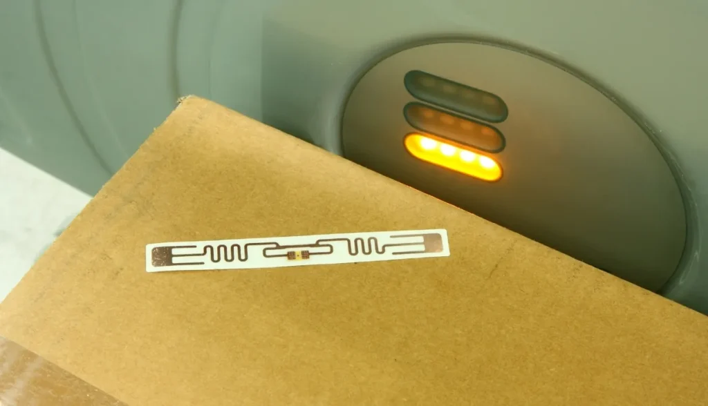 Close-up shot of an RFID tag sticker affixed to a cardboard box, being scanned by a reader with indicator lights, demonstrating how warehouse RFID solutions work.