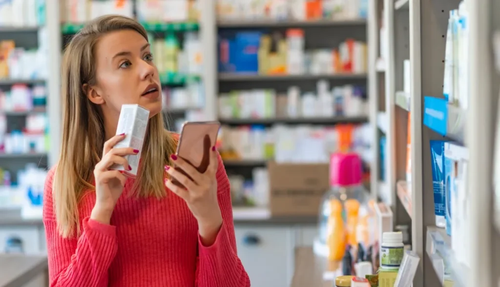 Female customer in pharmacy holding skincare box and smartphone scanning product info, consumer verifying cosmetics via RFID mobile authentication.