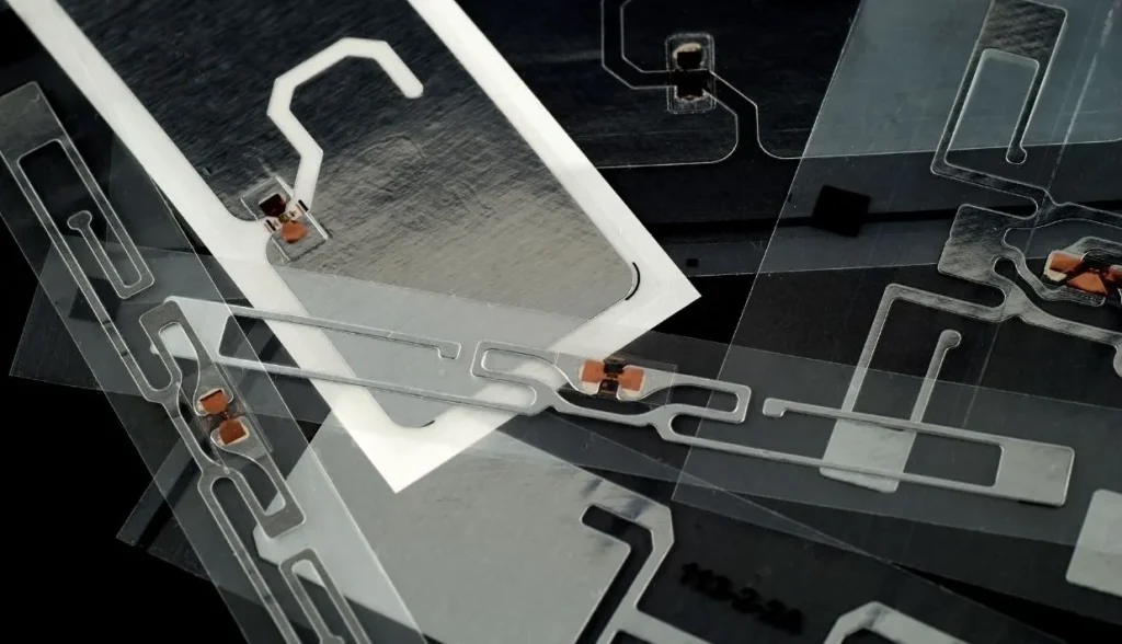 Flexible thin‑film RFID inlay tags stacked and overlapping, custom RFID hardware components for asset tracking.