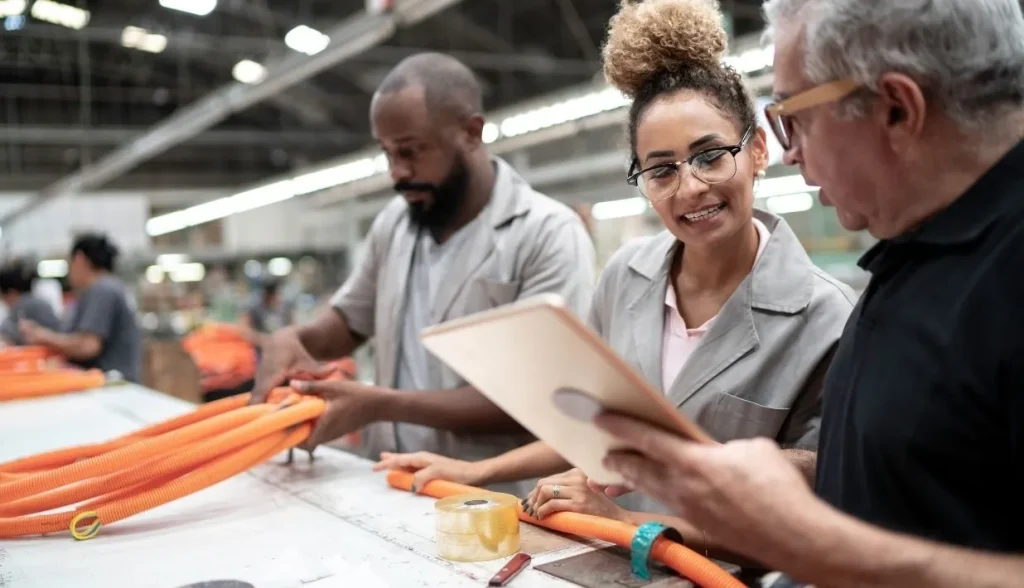 Diverse manufacturing team reviews production assets and a digital tablet during an on‑site project discussion.